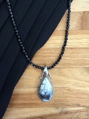 Black Bead Statement Necklace with Dendritic Agate Teardrop Pendant